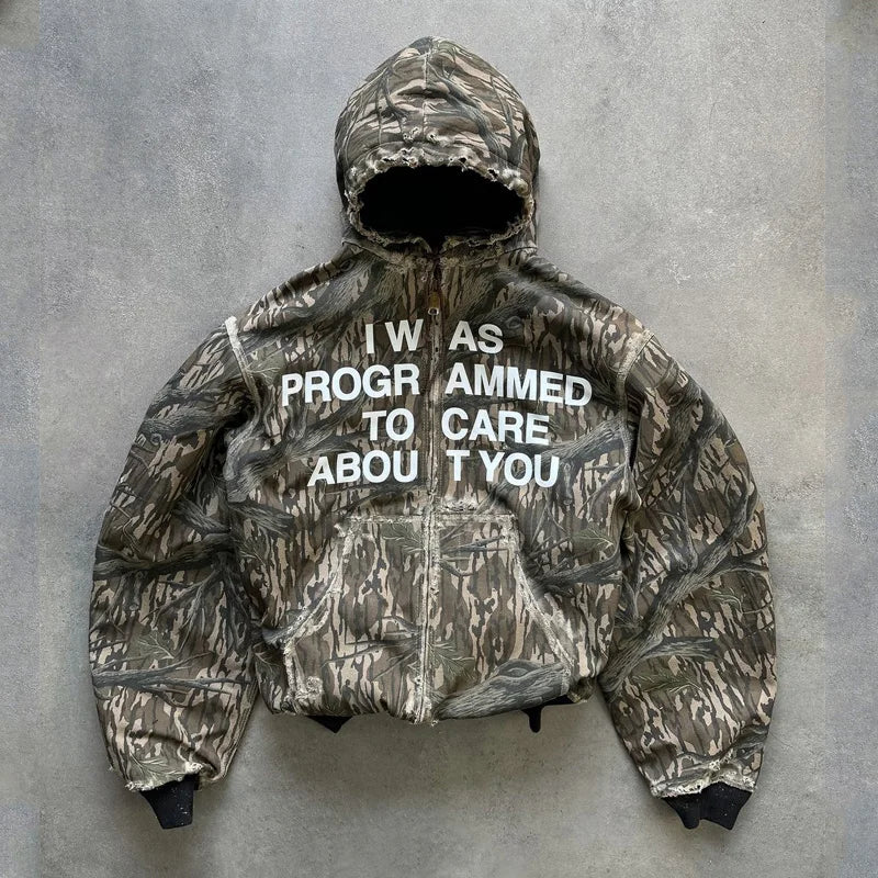 Y2K Harajuku zip Hoodie Casual vintage Letter Printed Oversized Camouflage Top Gothic Hip Hop Men Women Loose Trendy StreetWear