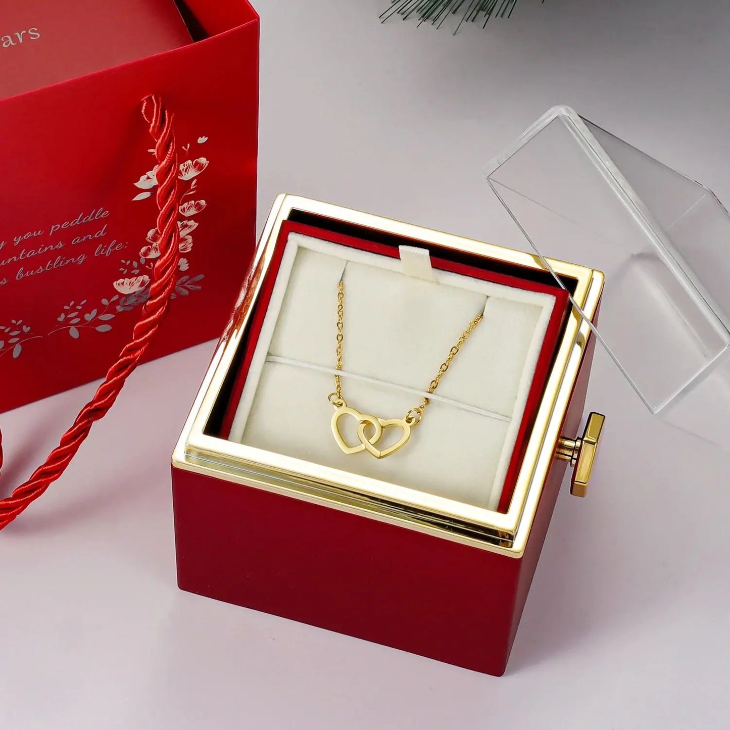 New Valentine Eternal Rose Jewelry Ring Box Rotate Wedding Pendant Necklace Storage Case for Women Girlfriend ChristmasGift