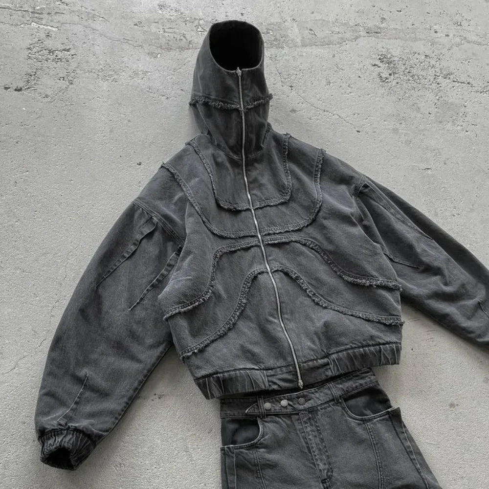Y2K Gothic Autumn Jacket Harajuku Punk Washed Distressed Black Zipper Sweatshirt Jacket Oversized Sweatshirt Mens Womens Clothes