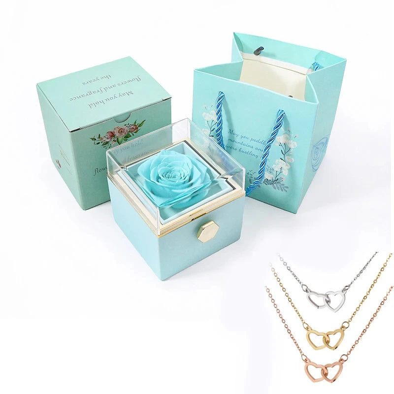 New Valentine Eternal Rose Jewelry Ring Box Rotate Wedding Pendant Necklace Storage Case for Women Girlfriend ChristmasGift
