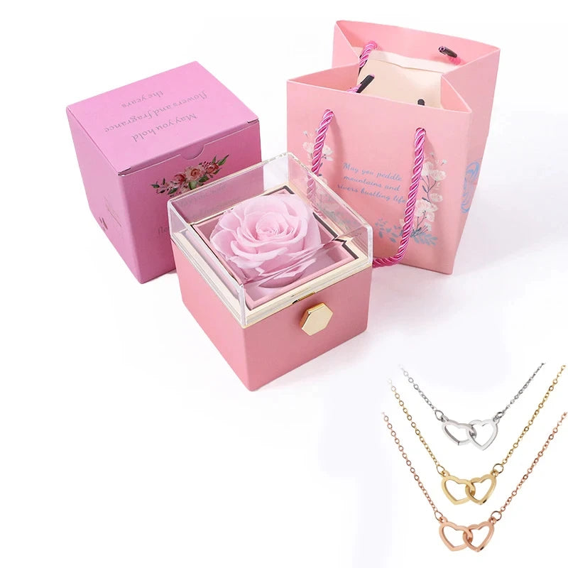 New Valentine Eternal Rose Jewelry Ring Box Rotate Wedding Pendant Necklace Storage Case for Women Girlfriend ChristmasGift