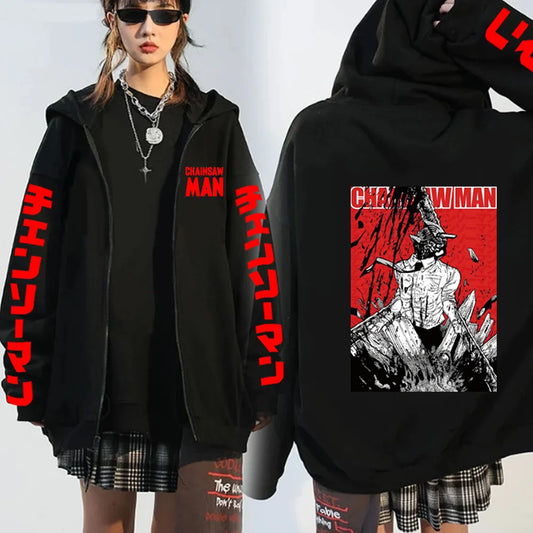 Harajuku Autum Winter Manga Chainsaw Man Women Zipper Hoodies Coats Sweatshirt Streetwear Cartoon oversized zipper jacket coats