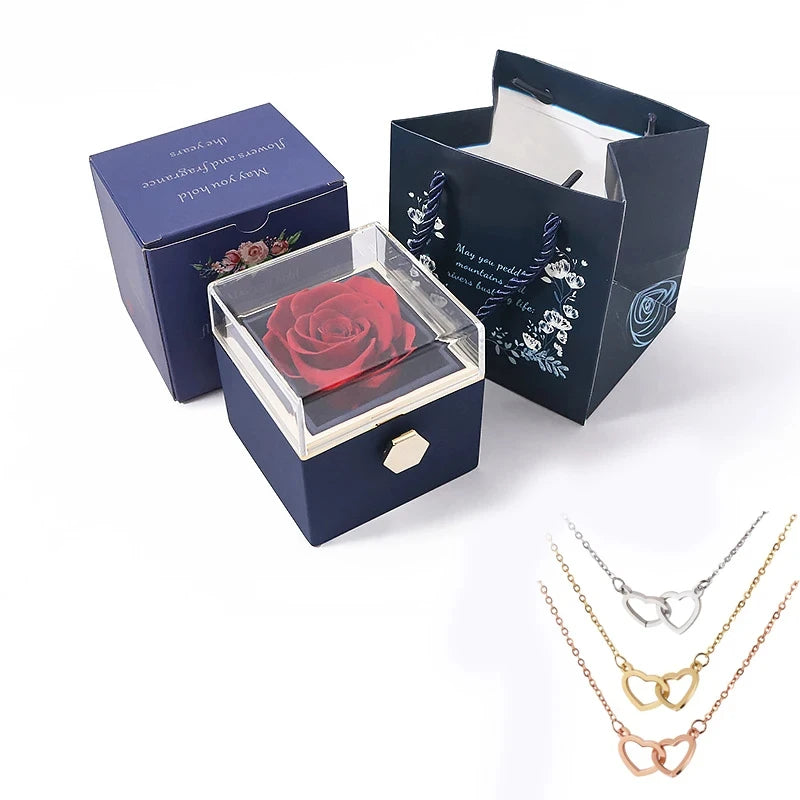 New Valentine Eternal Rose Jewelry Ring Box Rotate Wedding Pendant Necklace Storage Case for Women Girlfriend ChristmasGift