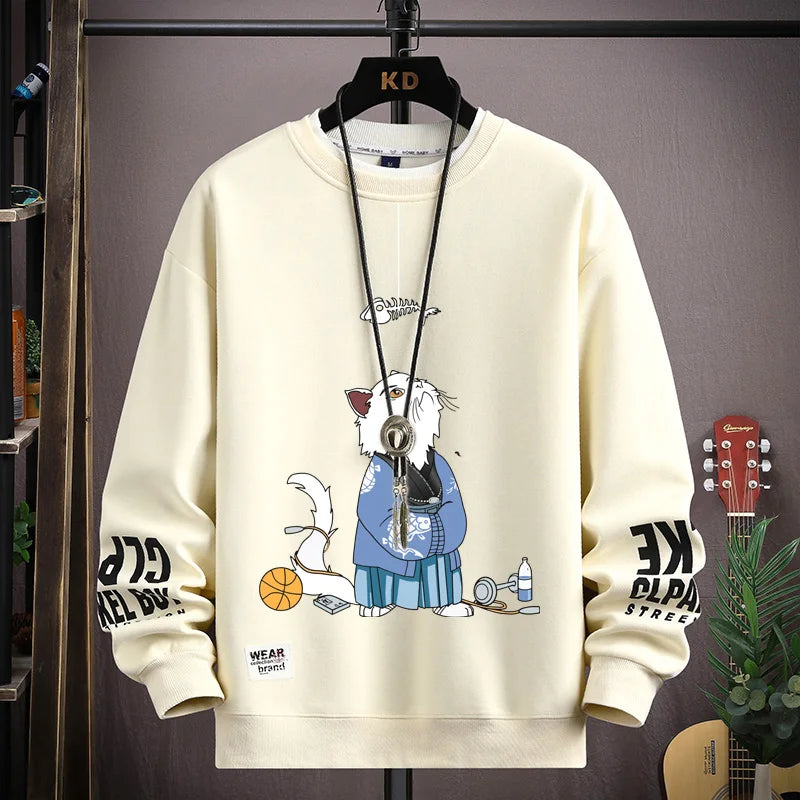 Autumn Men's Blue Sweatshirt Japan Cartoon Cat Sportswear Long Sleeved O Neck T-shirt  Harajuku High Street Men Clothing 2024