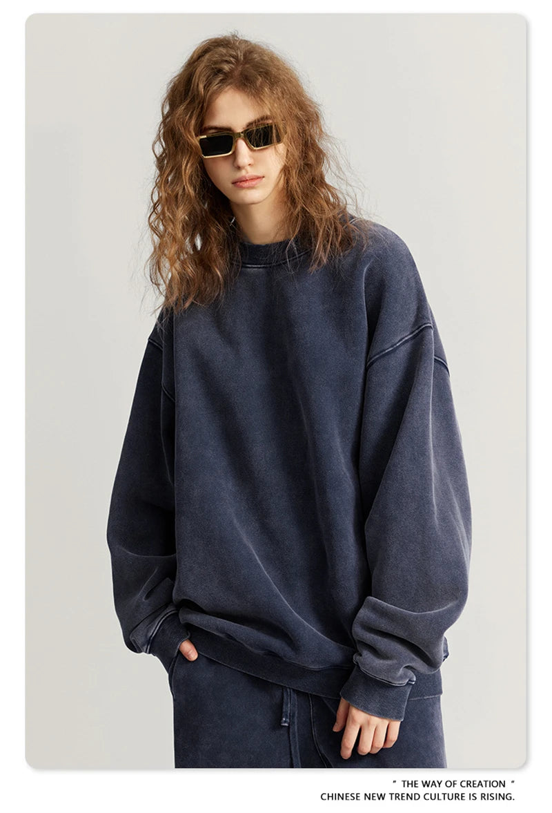 ZODF Autumn Winter Men Washed Fleece Sweatshirts Vintage Unisex Women Loose 355gsm O Neck Thick Warm Pullovers HY0717