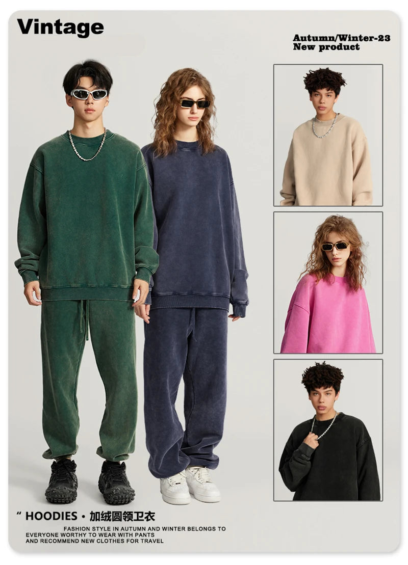 ZODF Autumn Winter Men Washed Fleece Sweatshirts Vintage Unisex Women Loose 355gsm O Neck Thick Warm Pullovers HY0717