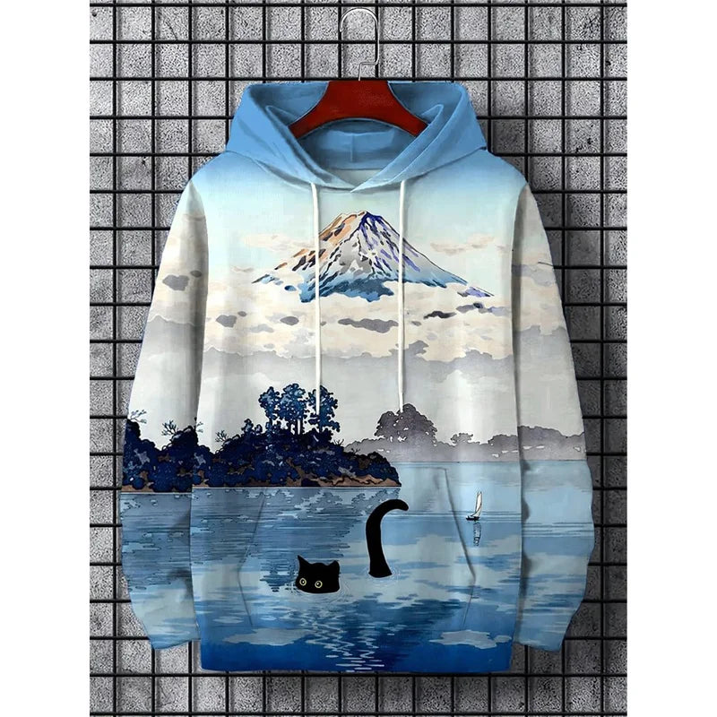 Japanese Harajuku 3D Printed Hoodies For Men Mountain Cat Tentacle Graphic Sweatshirts Casual Loose Hooded Long Sleeves Pullover