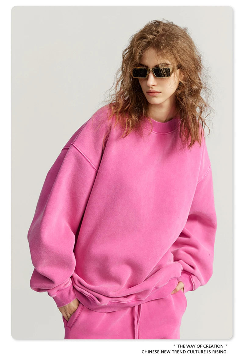 ZODF Autumn Winter Men Washed Fleece Sweatshirts Vintage Unisex Women Loose 355gsm O Neck Thick Warm Pullovers HY0717