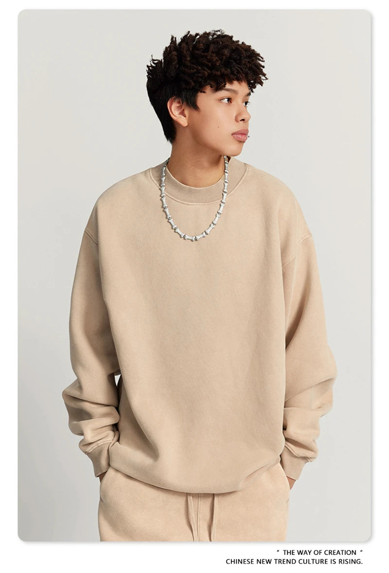 ZODF Autumn Winter Men Washed Fleece Sweatshirts Vintage Unisex Women Loose 355gsm O Neck Thick Warm Pullovers HY0717