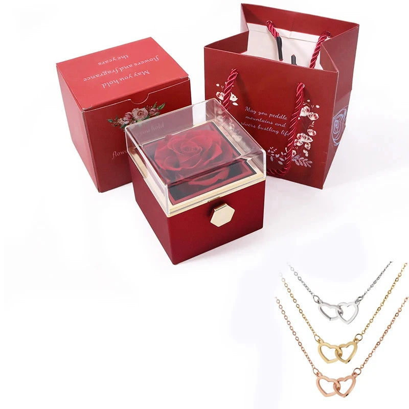 New Valentine Eternal Rose Jewelry Ring Box Rotate Wedding Pendant Necklace Storage Case for Women Girlfriend ChristmasGift