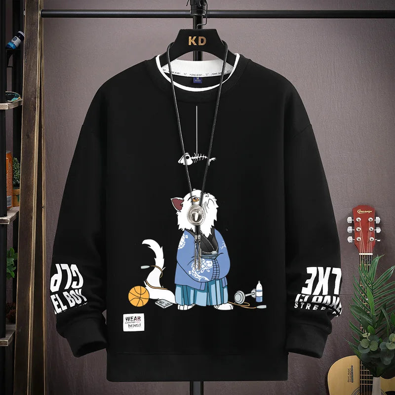 Autumn Men's Blue Sweatshirt Japan Cartoon Cat Sportswear Long Sleeved O Neck T-shirt  Harajuku High Street Men Clothing 2024