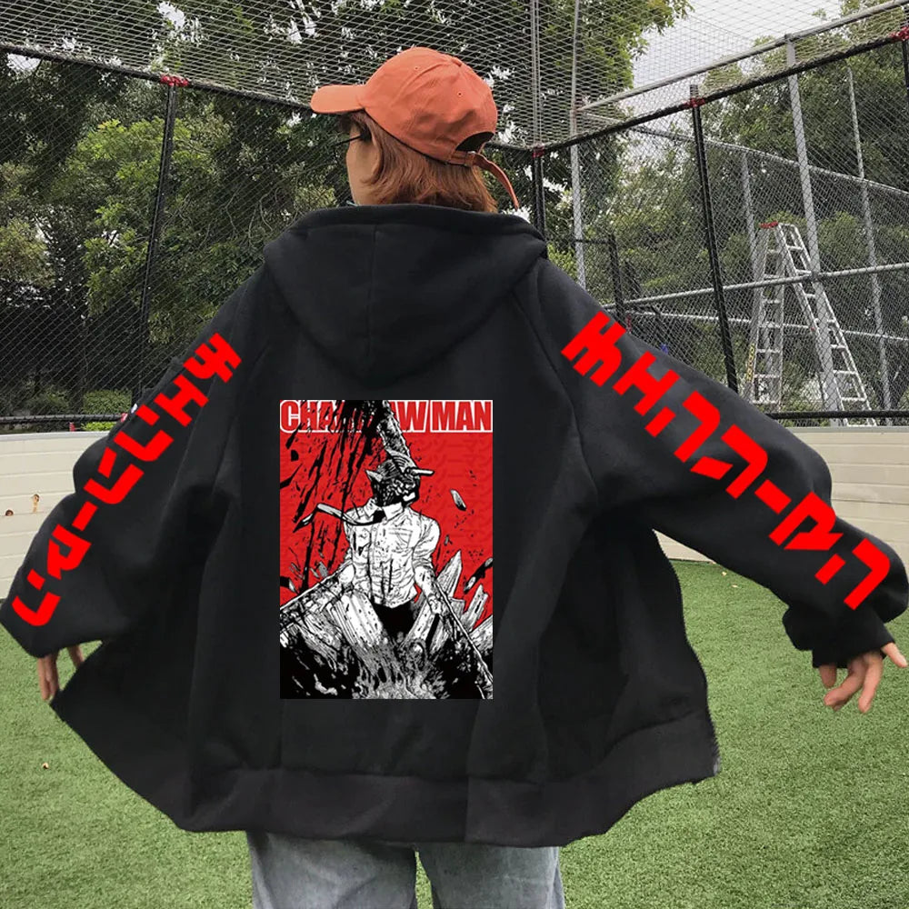 Harajuku Autum Winter Manga Chainsaw Man Women Zipper Hoodies Coats Sweatshirt Streetwear Cartoon oversized zipper jacket coats
