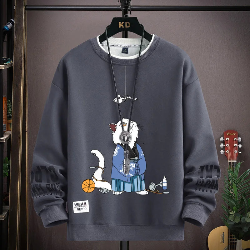 Autumn Men's Blue Sweatshirt Japan Cartoon Cat Sportswear Long Sleeved O Neck T-shirt  Harajuku High Street Men Clothing 2024