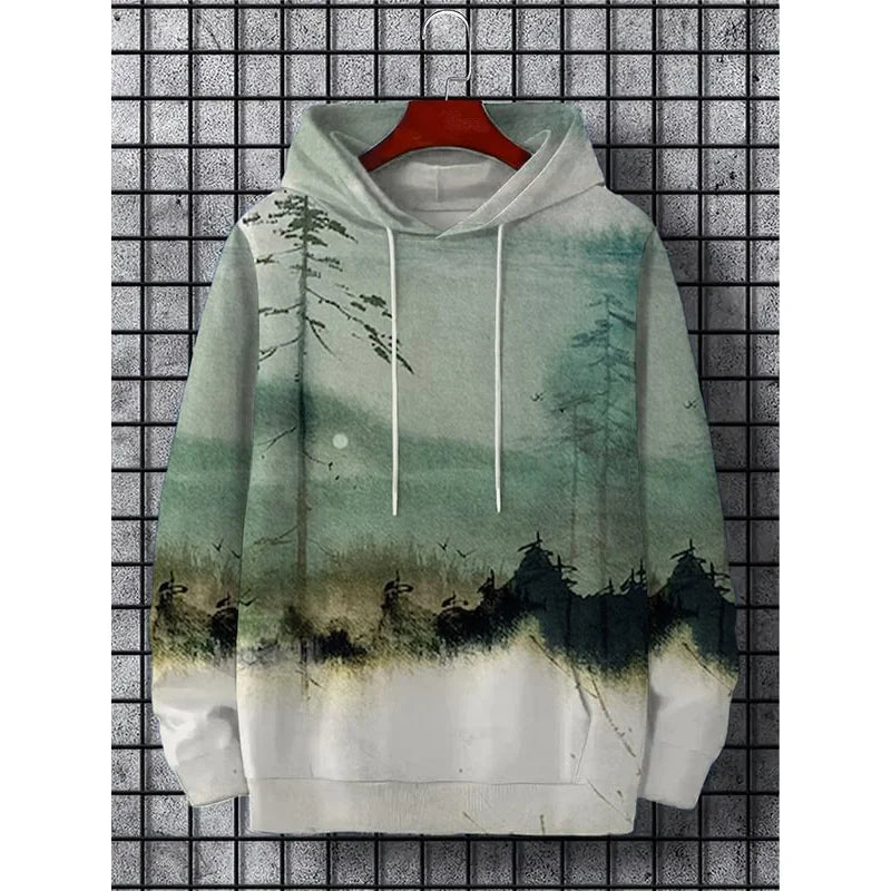 Japanese Harajuku 3D Printed Hoodies For Men Mountain Cat Tentacle Graphic Sweatshirts Casual Loose Hooded Long Sleeves Pullover