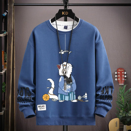 Autumn Men's Blue Sweatshirt Japan Cartoon Cat Sportswear Long Sleeved O Neck T-shirt  Harajuku High Street Men Clothing 2024