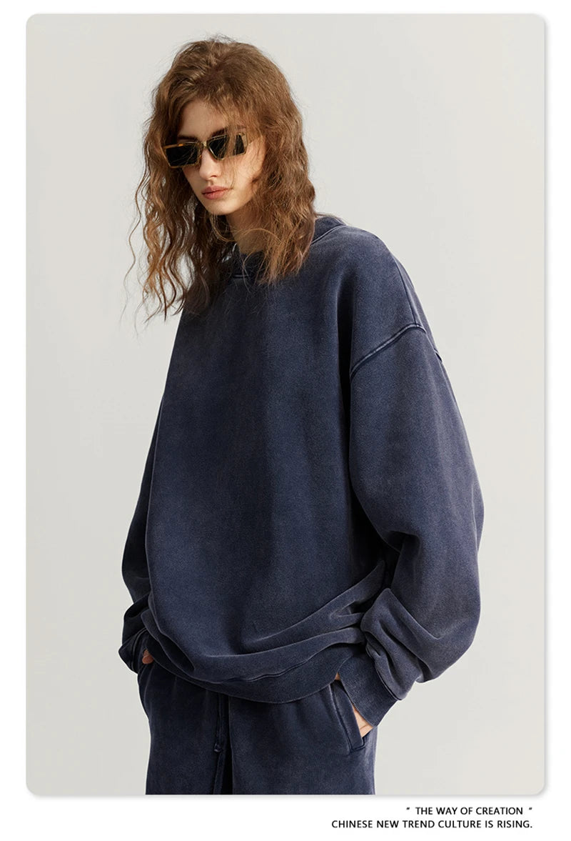 ZODF Autumn Winter Men Washed Fleece Sweatshirts Vintage Unisex Women Loose 355gsm O Neck Thick Warm Pullovers HY0717
