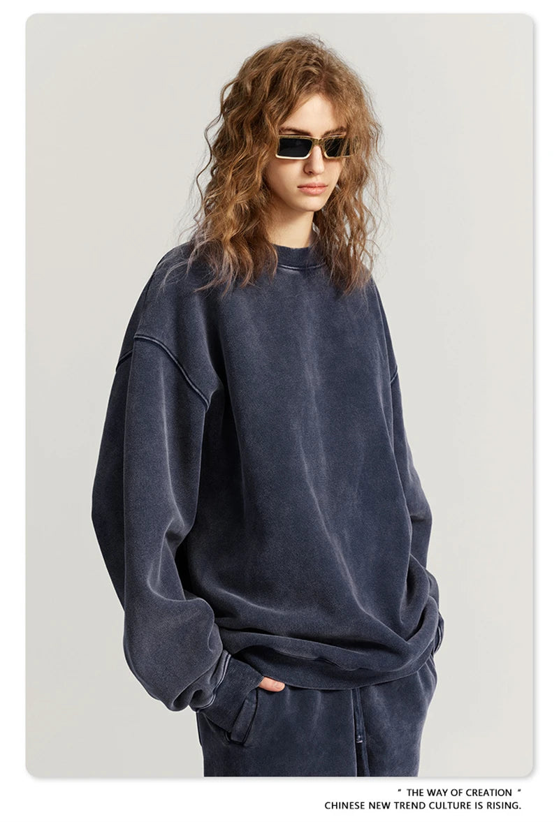 ZODF Autumn Winter Men Washed Fleece Sweatshirts Vintage Unisex Women Loose 355gsm O Neck Thick Warm Pullovers HY0717