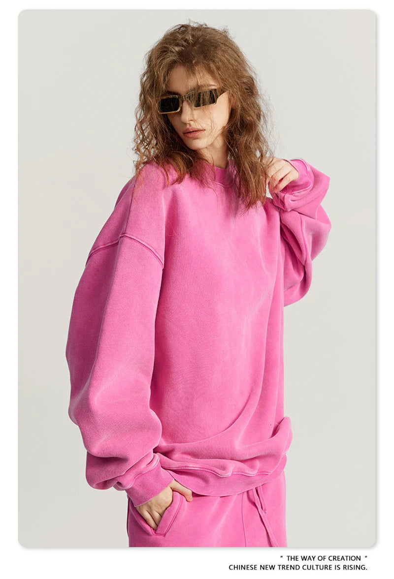 ZODF Autumn Winter Men Washed Fleece Sweatshirts Vintage Unisex Women Loose 355gsm O Neck Thick Warm Pullovers HY0717