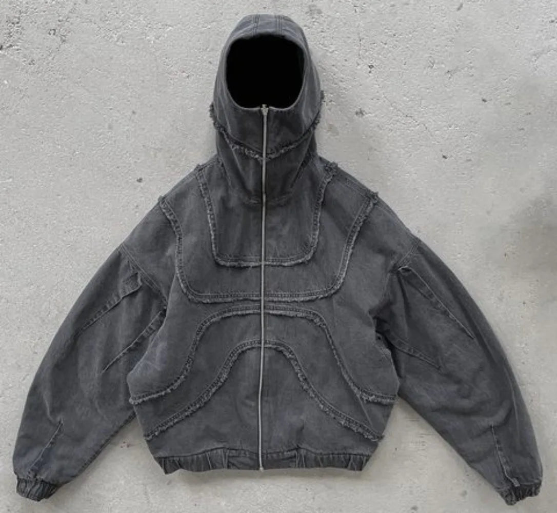 Y2K Gothic Autumn Jacket Harajuku Punk Washed Distressed Black Zipper Sweatshirt Jacket Oversized Sweatshirt Mens Womens Clothes