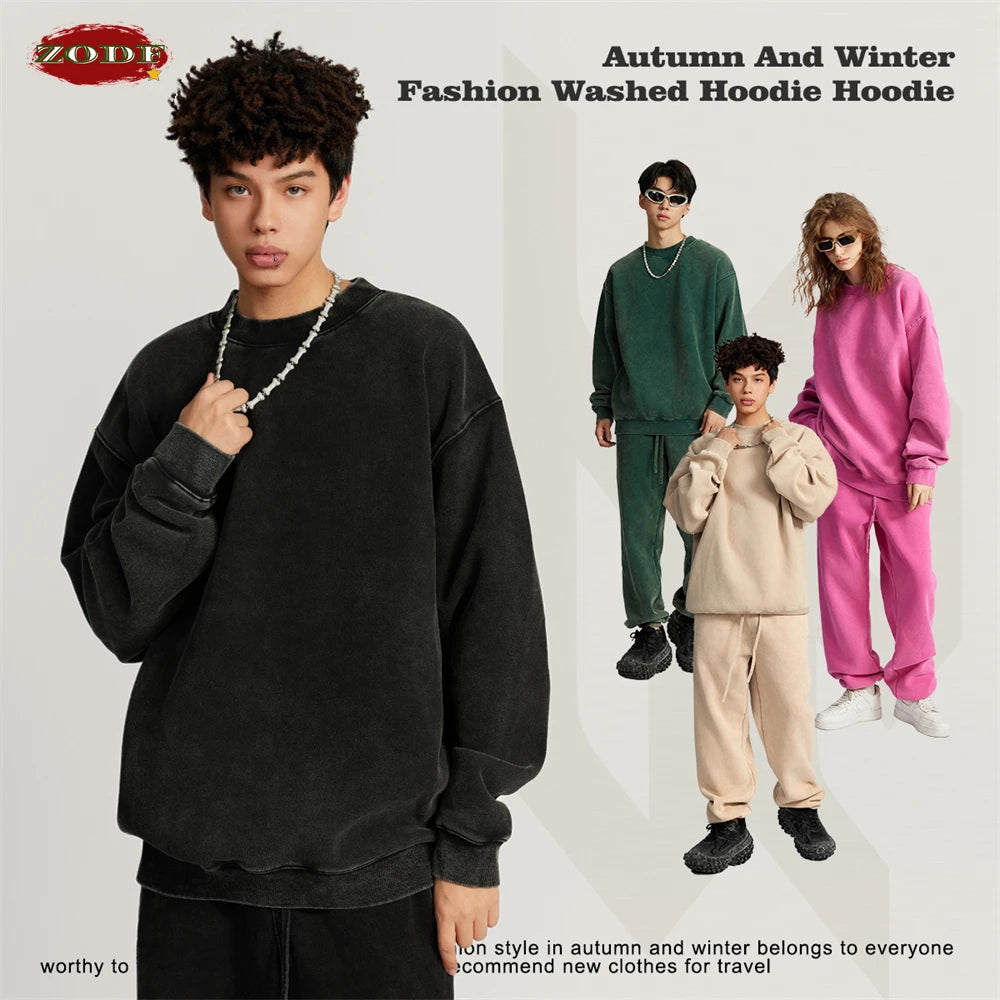 ZODF Autumn Winter Men Washed Fleece Sweatshirts Vintage Unisex Women Loose 355gsm O Neck Thick Warm Pullovers HY0717